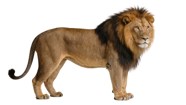 Majestic male lion with dark mane standing proud, isolated on transparent background