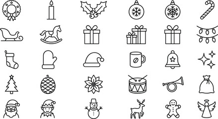 Christmas and winter holiday outline icons set with Santa snowman reindeer and gift elements © MSTJANNATUN
