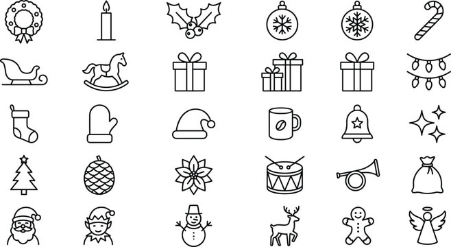 Christmas and winter holiday outline icons set with Santa snowman reindeer and gift elements