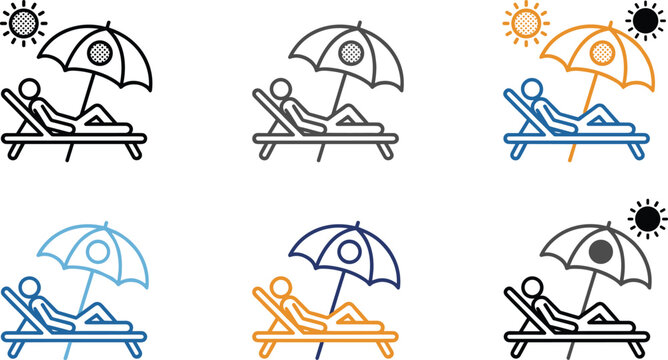 Summer beach relaxation linear icon set with sun lounger umbrella and sunbathing stick figures