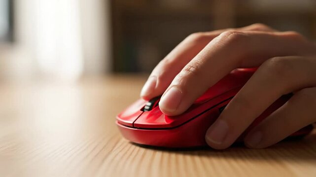 Close up view of hand interacting with a bright red computer mouse while resting on a wooden desk with blurred background.