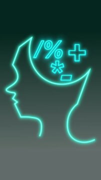 Human head silhouette with mathematical symbols animation. Cyan neon brain idea design. Intelligence education tech display.