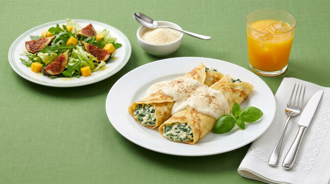 Spinach pancakes with ricotta cheese and white sauce, served with a salad of lettuce, arugula, and grilled fig, and orange juice on a bed of green linen