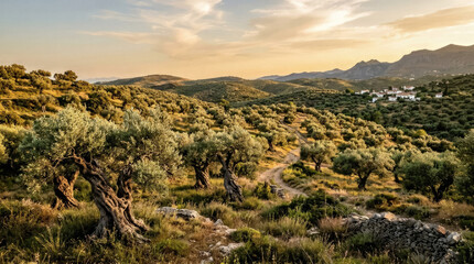 Naklejka premium Rolling hills with olive trees and a village in the distance at sunset