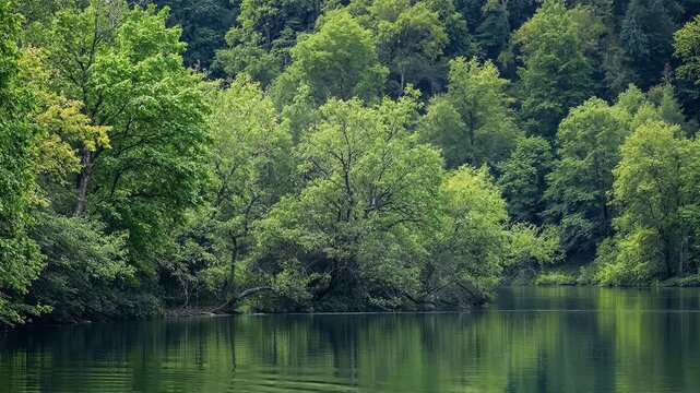 Lush green forest bordering a calm lake under a bright sky.