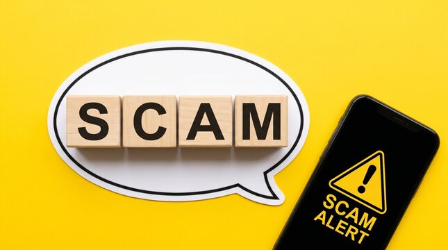 Scam alert warning on smartphone screen, wooden blocks with scam text in speech bubble, cyber security and fraud prevention concept