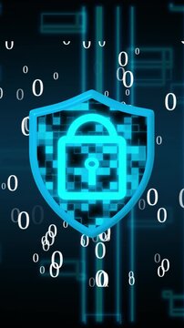 Security shield animation with binary code data on black. Digital network protection concept. Technology security shield graphic background.