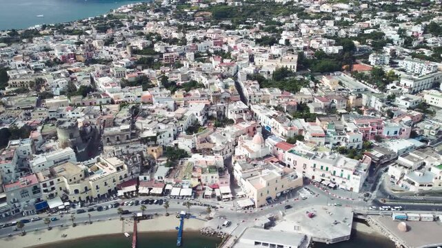 Chiaia Beach aerial view with turquoise sea and coastal landscape in Ischia