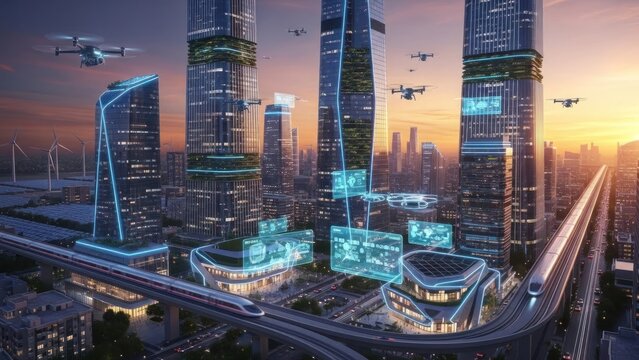 Futuristic cityscape with drone transportation and modern architecture