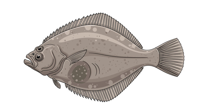 Detailed scientific illustration of a flatfish flounder showing its unique eye placement and textured skin pattern.