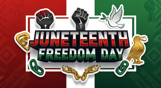 Juneteenth Freedom Day celebration banner, African American emancipation holiday graphic, raised fist and broken chains symbols on red and green background