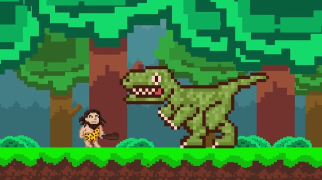 Animation in pixel art style of an old game featuring a caveman with a club walking through a jungle and Facing a dinosaur, art, vintage.