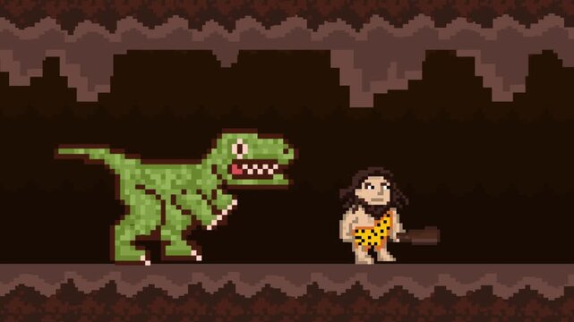 Pixel art style animation from an old game featuring a dinosaur and a caveman with a club walking through a cave, art, vintage, 2D.