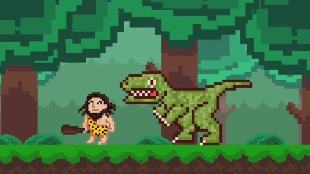 Pixel art style animation of an old game featuring a dinosaur and a caveman with a club walking through a jungle, art, vintage.