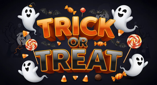 Trick or Treat Halloween typography banner, spooky ghosts and candy illustration, festive holiday party invitation background with 3D text