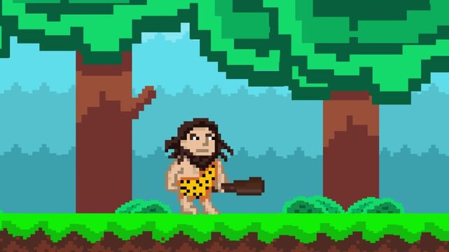 Pixel art style animation with a caveman with a club moving in the jungle, art, vintage, 2D.