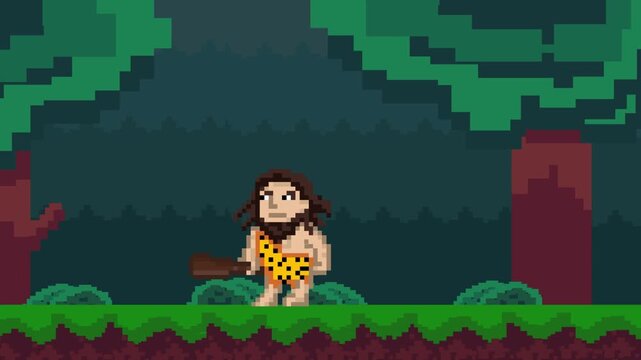 Pixel art style animation with a caveman with a club moving in the jungle, art, vintage.