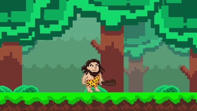 Pixel art style animation with a caveman with a club walking in the jungle, art, vintage, 2D.