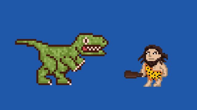 Pixel art style animation with a dinosaur and a caveman with a club in hand, art, vintage, blue.