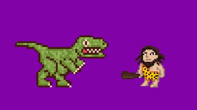 Pixel art style animation with a dinosaur and a caveman with a club in hand, art, vintage, red.