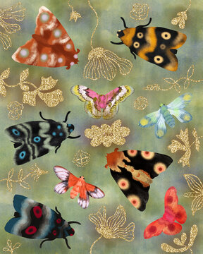 Colorful moths and golden plants pattern,  hand drawn moths illustration