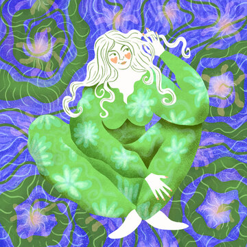 Woman with lime green outfit on psychedelic swirling floral pattern background