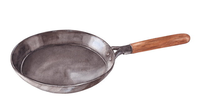 Watercolor Illustration of Carbon Steel Frying Pan with Wooden Handle