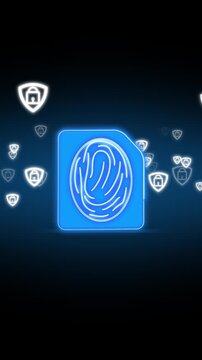 Glowing blue fingerprint icon on square tile with padlock. Biometric authentication and privacy. Cybersecurity and data protection background.