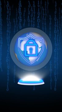 Glowing cybersecurity shield with padlock over digital globe. Global data protection and network security. 3D security platform illustration.