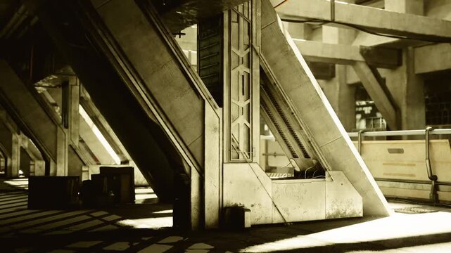 Empty transit hub with geometric lines, maintenance crew staging cargo during off hours, brutalist concrete forms and stacked boxes, interplay of light
