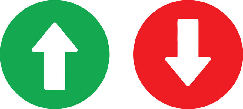 Green circle with white arrow pointing up and red circle with white arrow pointing down icons Vector