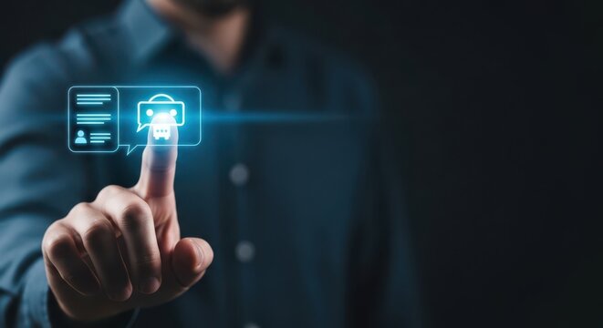Man interacting with futuristic chatbot interface for customer support