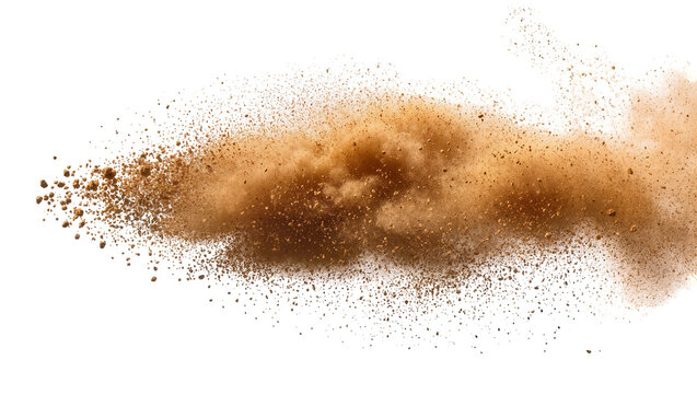 Brown dirt particles exploding outwards, isolated on transparent background