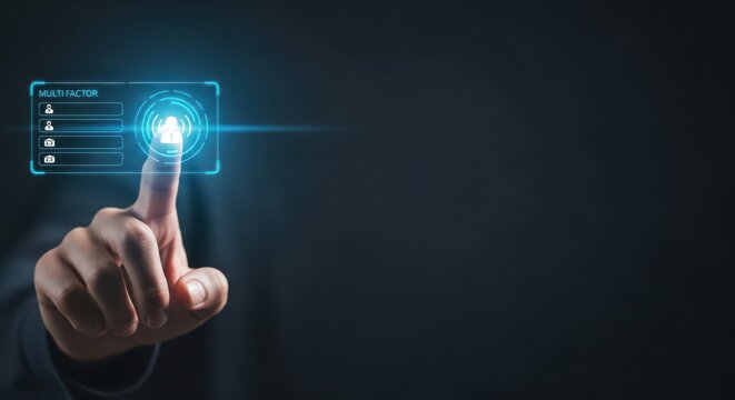 Multi factor authentication security concept with fingerprint scan and digital interface