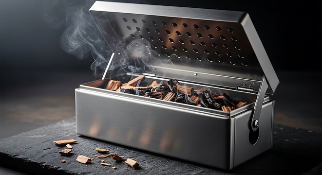 Open metal smoking box filled with many cigarette butts in a dark moody setting on a stone table. bbq smoker box