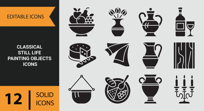 Classical still life painting objects collection for traditional art study and composition practice icons