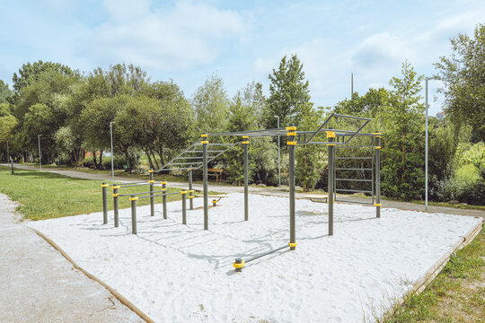 Calisthenics and Street Workout Rig - Outdoor Gym, Santa Comba D&atilde;o, Portugal, public fitness Calisthenics equipment in a green park environment