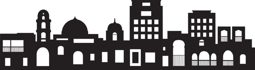 Middle eastern city skyline buildings silhouette with arches and domes in solid style cityscape © Nur