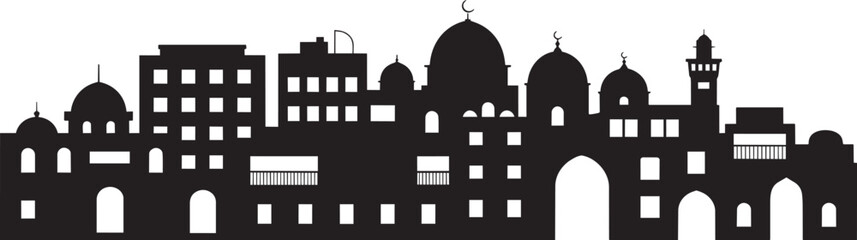 Middle eastern cityscape silhouette with mosque domes and minaret and city view, ancient city © Nur