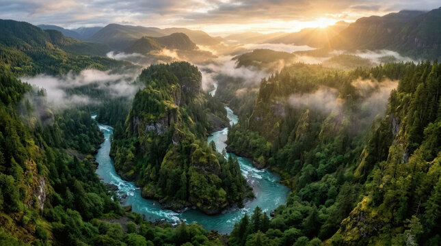 Aerial view of a serene landscape with a winding river flowing through a lush green valley surrounded by mountains and fog at sunrise