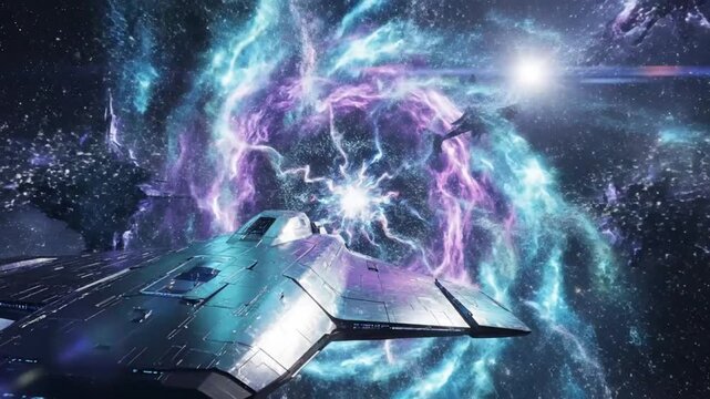 Futuristic spaceship navigates through a cosmic vortex amidst a vast starry galaxy with celestial elements