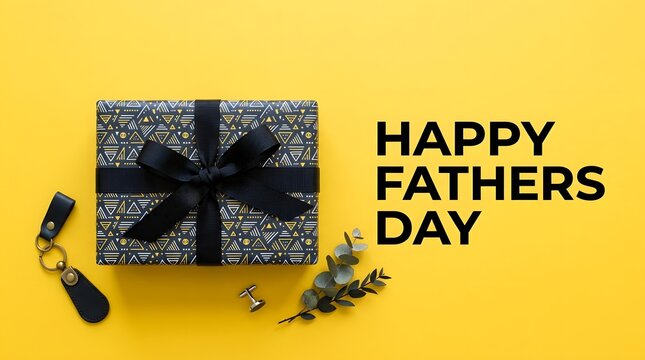 Happy fathers day gift ideas father's day celebration with wrapped present keychain and cufflinks