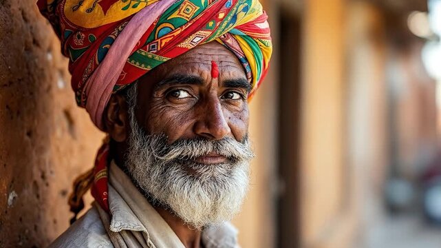 Portrait of an elder man with a colorful turban and beard