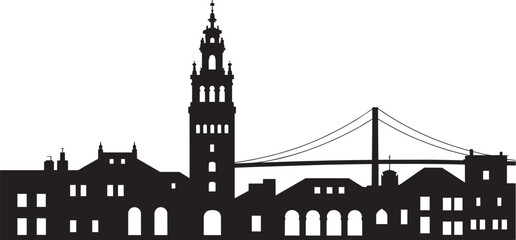 Obraz premium City skyline silhouette with tower and suspension bridge in black and city view travel building