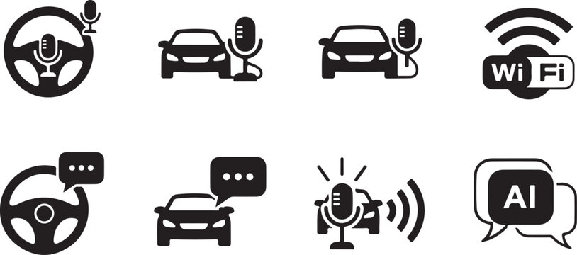 Smart car voice control, ai assistant, and connectivity icons set for automotive technology
