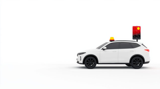white autonomous car with a rooftop sensor waits at a red traffic light on a plain white background.
