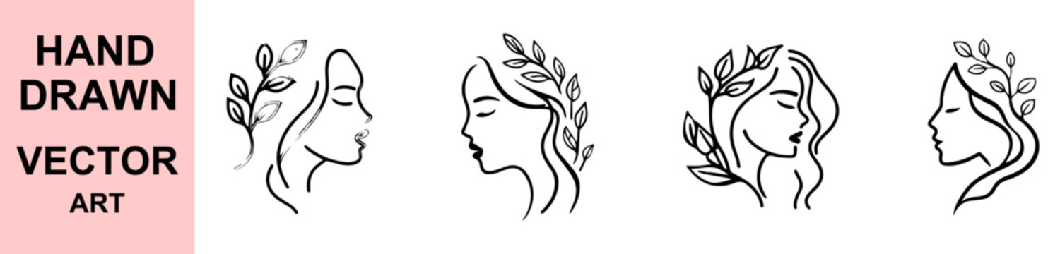 Minimal female face line art logo collection with natural leaves elegant beauty salon branding abstract feminine vector illustration isolated design set template bundle modern style