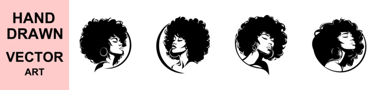 Elegant afro woman beauty salon logo collection featuring curly hairstyle feminine portrait icons luxury cosmetic spa branding isolated black vector illustration design template set bundle