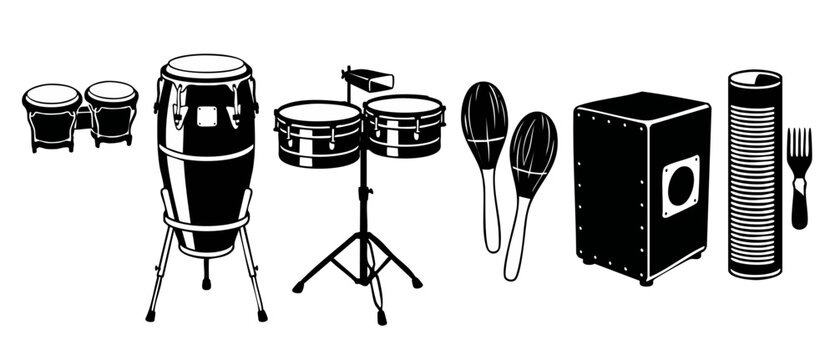 Latin Percussion Instruments Set Black and White Vector Illustration of Congas Timbales Maracas Cajon and Guiro for Musical Performance, Band, Orchestra, Rhythm Section and Cultural Music Concert Desi