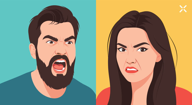 Split screen showing a bearded man shouting in anger and a young woman expressing disgust and annoyance on a colorful background.